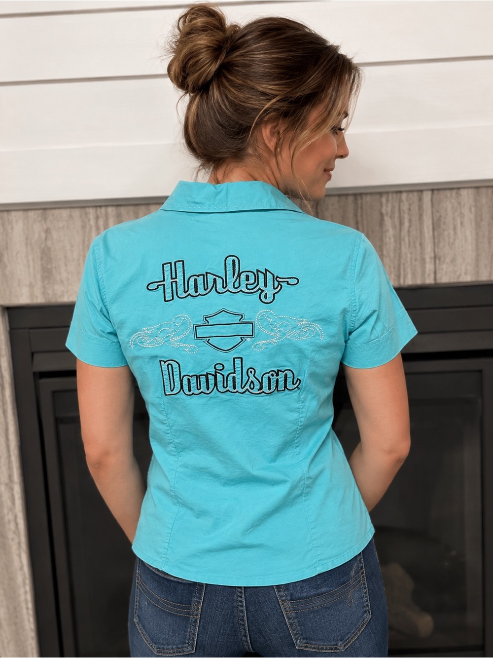 Harley-Davidson Women's Turquoise Logo Short-Sleeve button down top